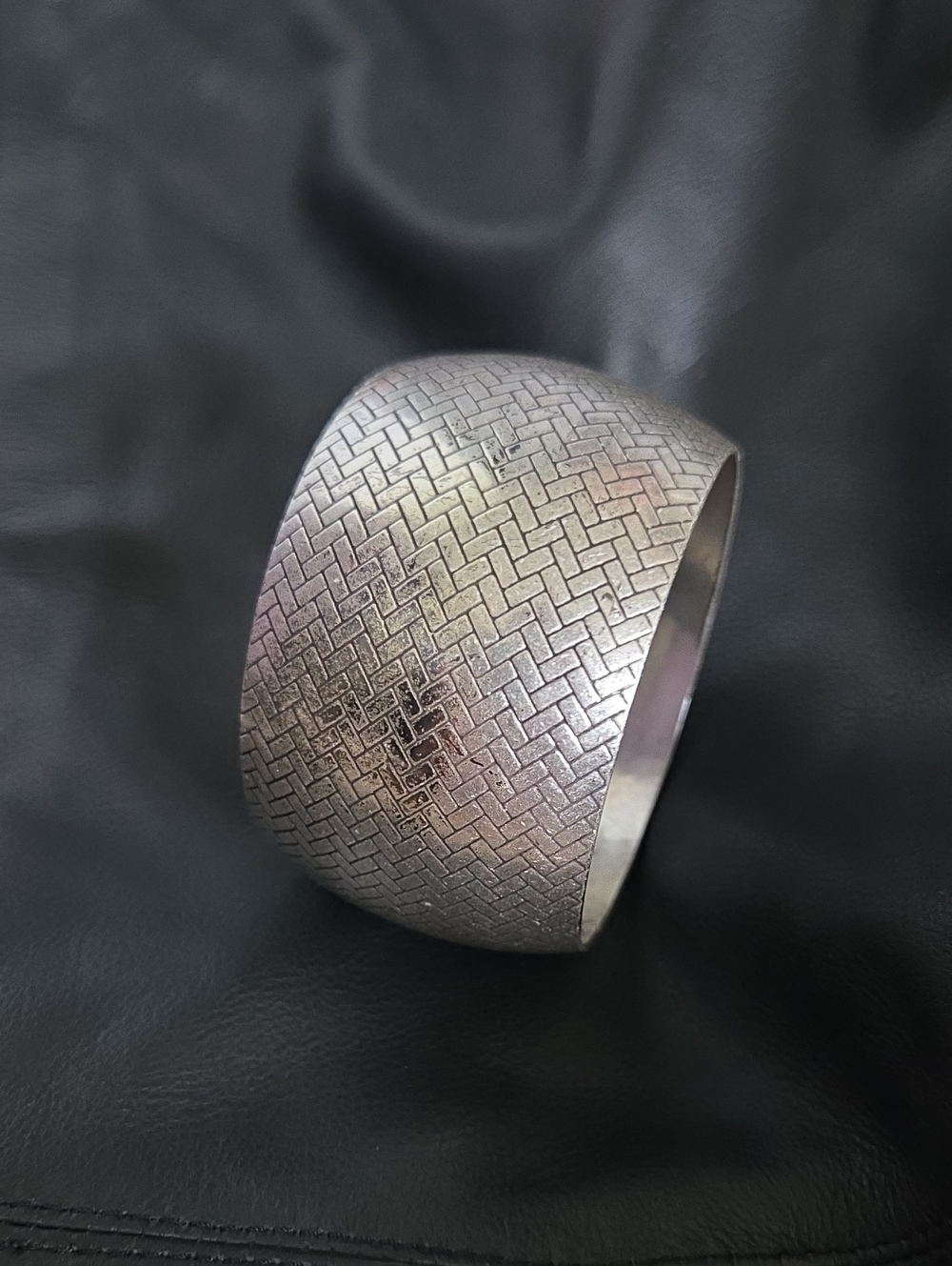 Vintage Silver-Tone Wide Herringbone Cuff Bracelet